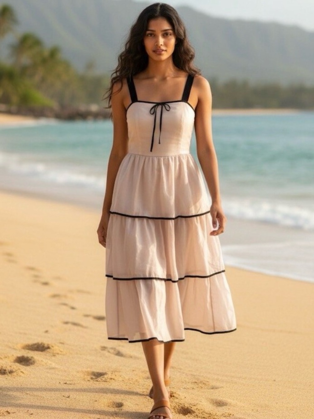 In February Dress Womens M Champagne Shimmer Tiered Midi Fit & Flare Bow Velvet